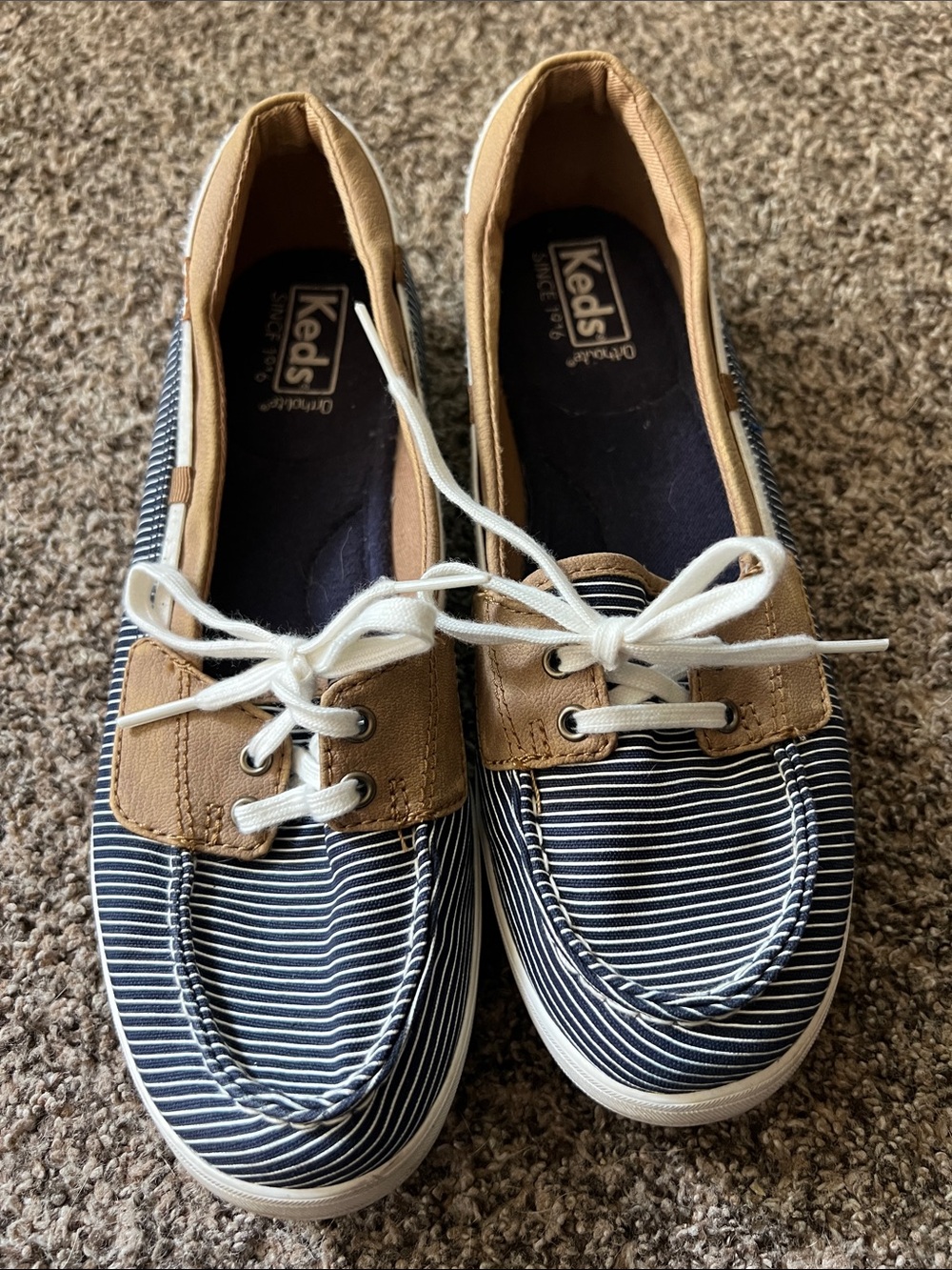 Keds Women’s Navy Stripe and Tan Casual Boat Shoes